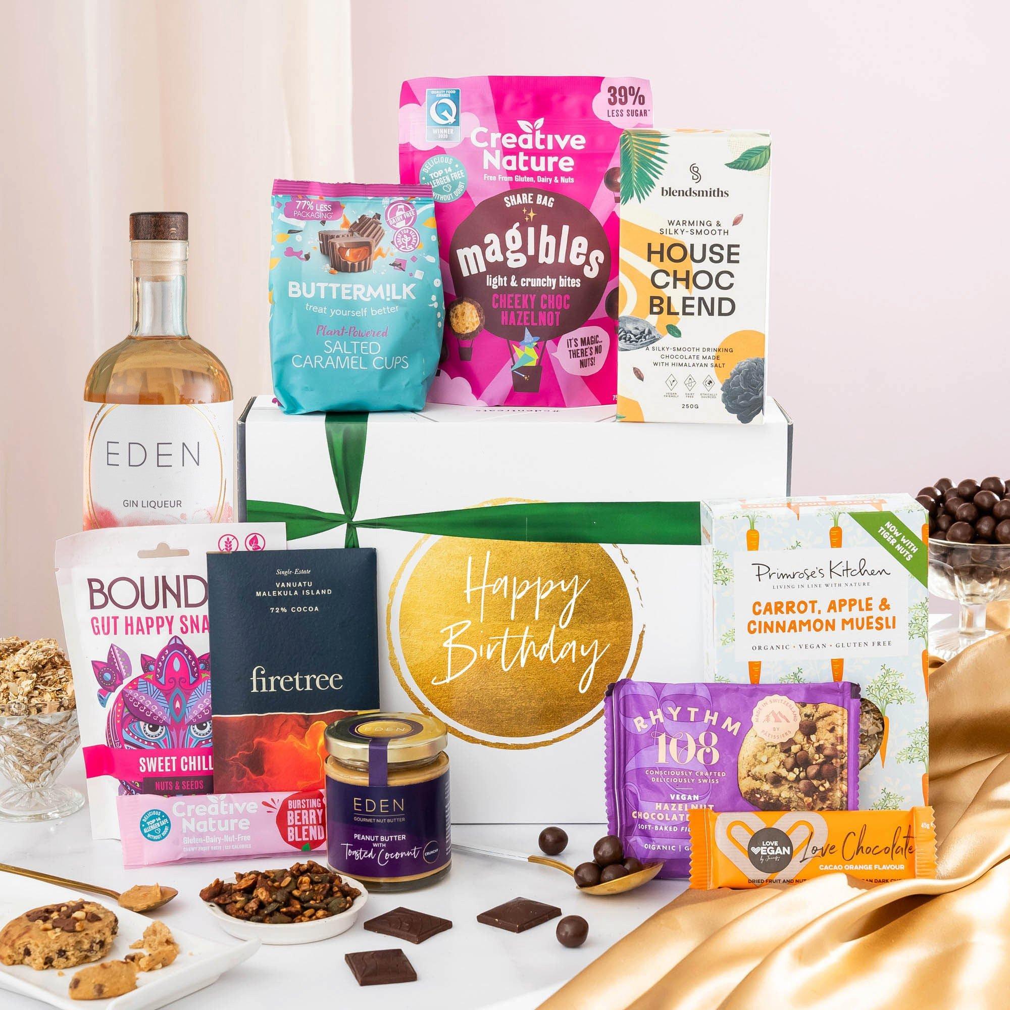 Happy Birthday Food & Drink Gift Hamper with EDEN Limited Edition Rhubarb & Ginger Gin Liqueur (350m